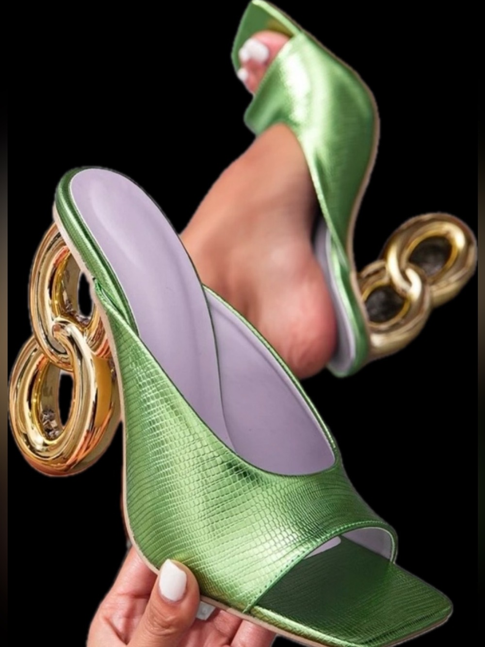 Metallic Snakeskin Lime Green high heel gold chain link heeled shoes sandals